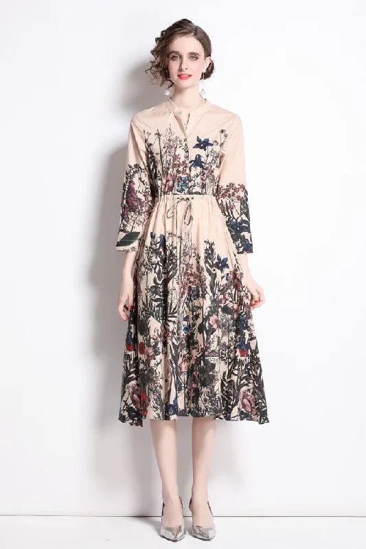 Weekend Deal Rush Apricot & Floral print Day A-line V-neck Bishop Long Sleeve Maxi Dress
