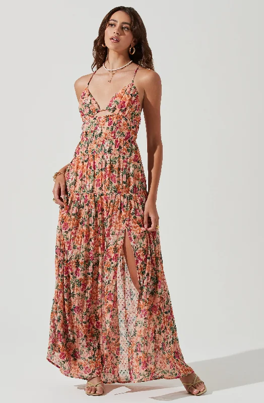 Weekend Special Bargains Tropics Plunge Neck Pleated Open Back Maxi Dress