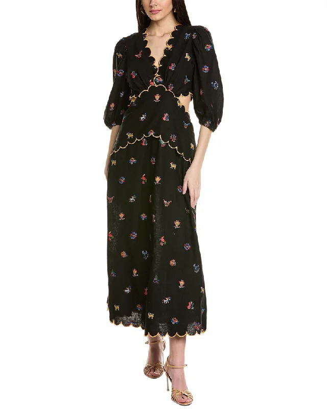Weekend Sale Frenzy FARM Rio Cross Stitch Embroidered Linen-Blend Maxi Dress