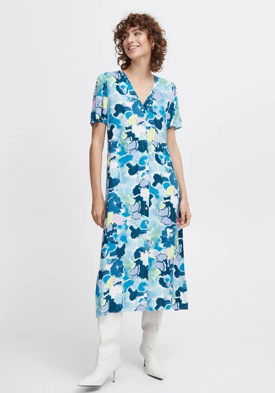 Weekend Must-Have Offers B.Young Joella Watercolour Inspired Buttoned Midi Dress, Angel Blue