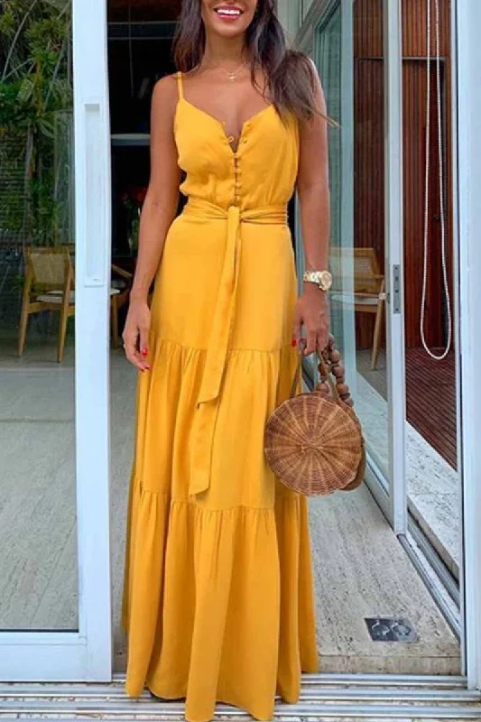 Weekend Super Sale Alert CityHottie Button V-Neck Maxi Dress With Belt(3 Colors)