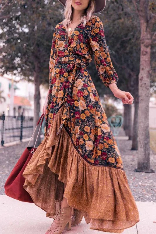 Weekend Deal Rush CityHottie Long Sleeve Print Retro Long Maxi Dress