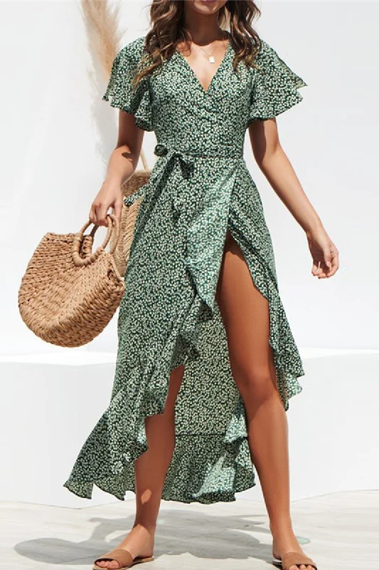 Weekend Steals and Deals Elegant Print Frenulum Flounce V Neck Irregular Maxi Dresses