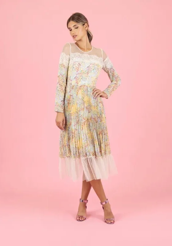 Weekend Shopping Extravaganza Fee G Emilia Dotted Tulle Trim Print Maxi Dress, Yellow