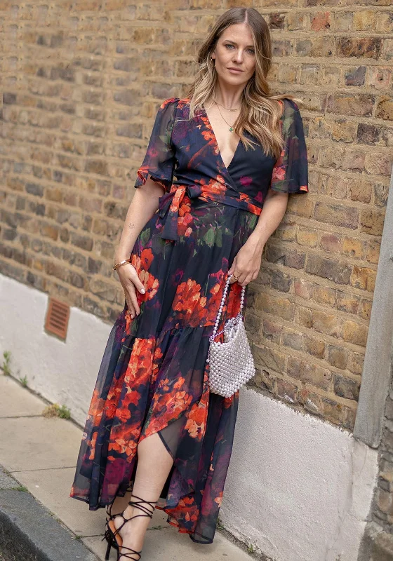 End-of-Season Sale Hope & Ivy Nova Flutter Sleeve Floral Wrap Maxi Dress, Black and Orange End-of-Season Sale Hope & Ivy Nova Flutter Sleeve Floral Wrap Maxi Dress, Black and Orange