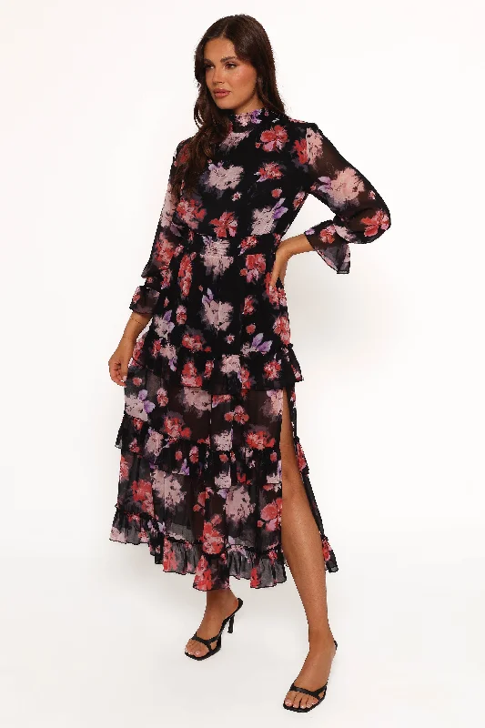 Weekend Shop Now Isadora Long Sleeve Maxi Dress - Black Blurred Floral