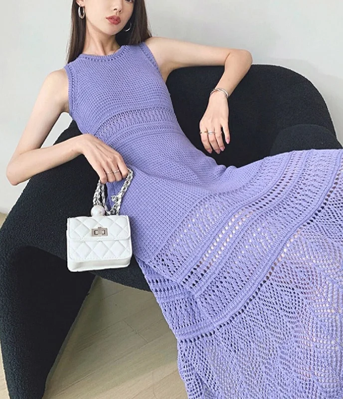 Limited-Time Flash Deal Jacquard Knit Solid Color High Waist Sleeveless Midi Dress