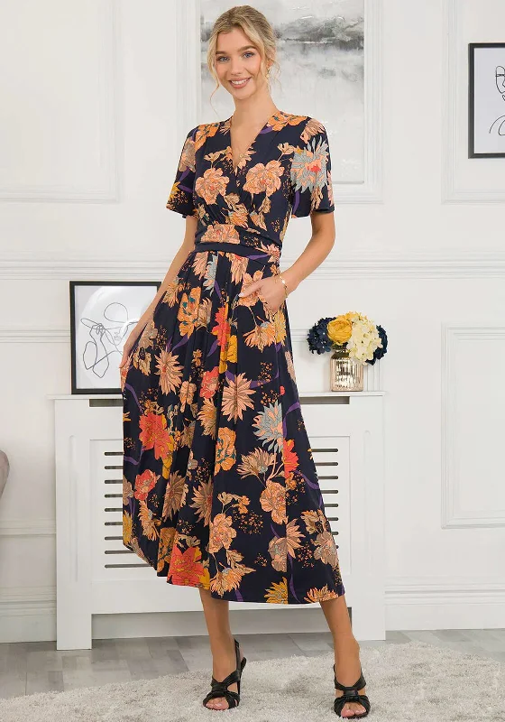 Shop & Save More Jolie Moi Sheyra Floral Print Jersey Maxi Dress, Navy Orange