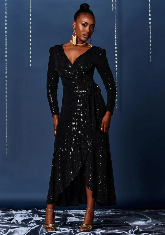 Weekend Closeout Deals Jolie Moi Sparkly Wrap Frill Hem Maxi Dress, Black