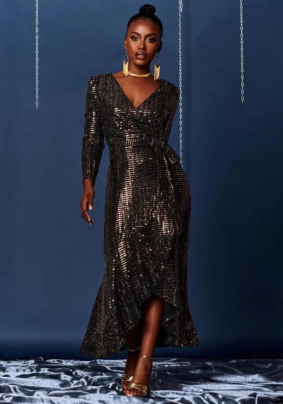 Weekend Only Steals Jolie Moi Sparkly Wrap Frill Hem Maxi Dress, Rose Gold