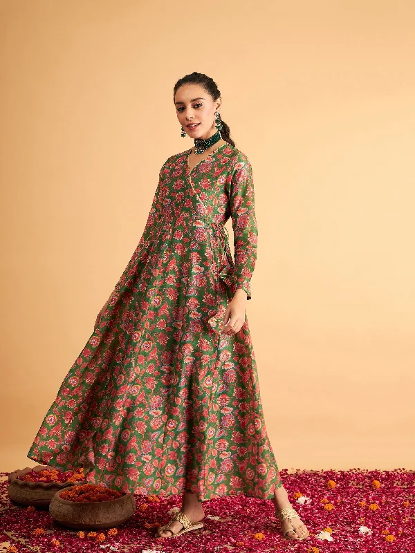 Limited Edition Lyush Women Green Floral Wrap Neck Anarkali Maxi Dress