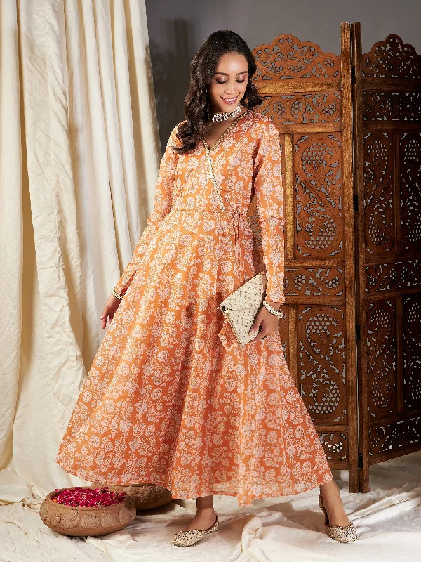 Super Deal Lyush Women Mustard Floral Wrap Anarkali Maxi Dress