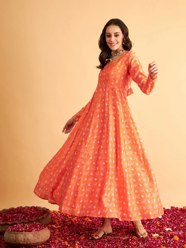 Big Savings Lyush Women Orange Floral Round Neck Anarkali Maxi Dress