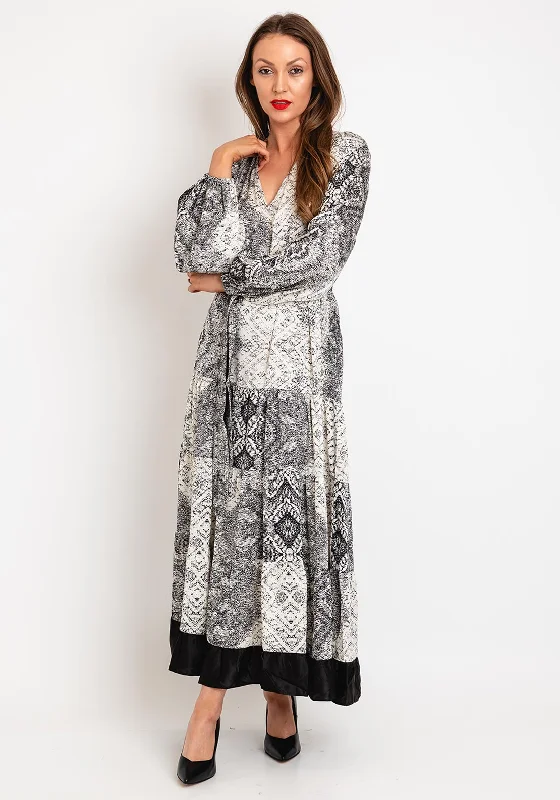 Best Price Guarantee Natalia Collection One Size Patchwork Print Satin Tiered Maxi Dress, Black & White Best Price Guarantee Natalia Collection One Size Patchwork Print Satin Tiered Maxi Dress, Black & White