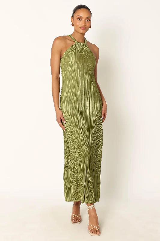 Weekend Exclusive Discounts Melody Plisse Halter Maxi Dress - Olive