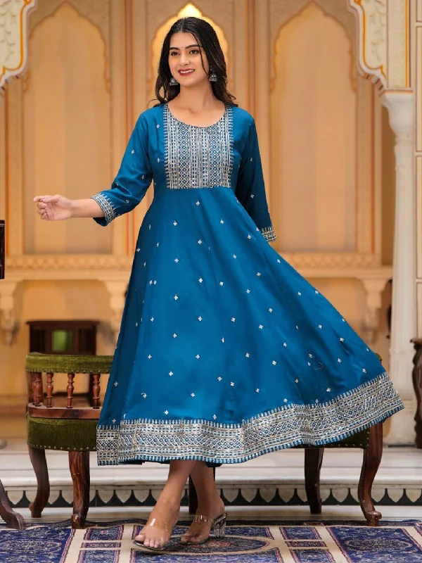 Weekend Bargain Bonanza NOZ2TOZ Women Ethnic Motif Embroidered Sequined Fit Flare Midi Ethnic Dress - Blue