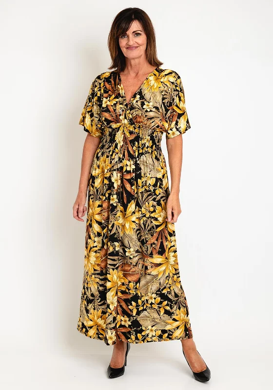 Get It Now Natalia Collection One Size Floral Print Maxi Dress, Black & Gold