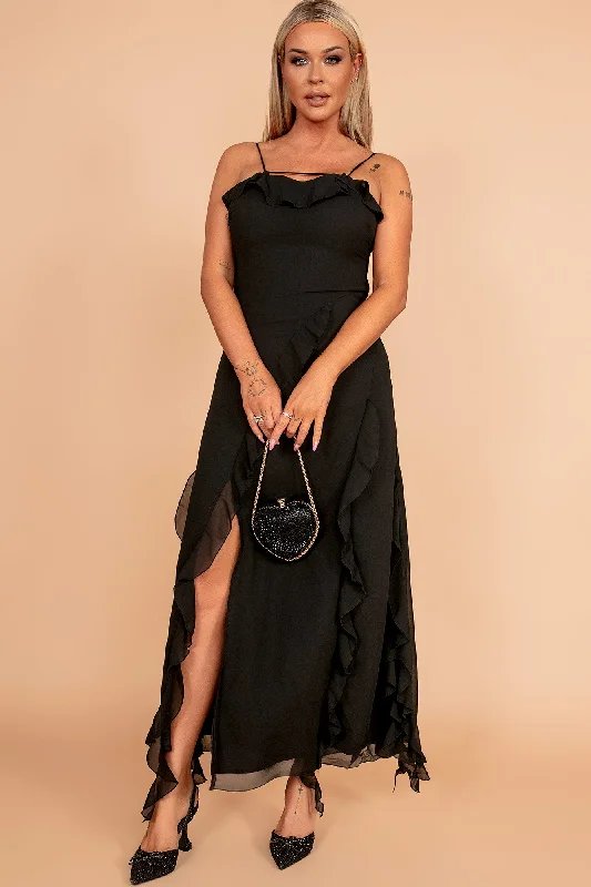 Super Savings Rochel Black Chiffon Frill Maxi Dress