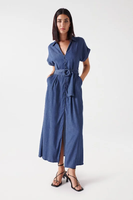 Limited Time Only Salsa Belted Waist Midi Dress, Blue Denim