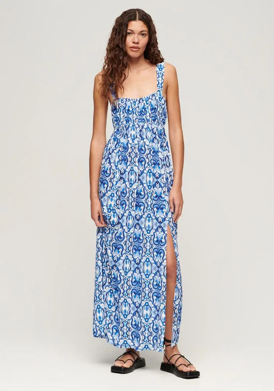 Weekend Only Deals Superdry Tie Back Print Maxi Dress, Tile Print Blue