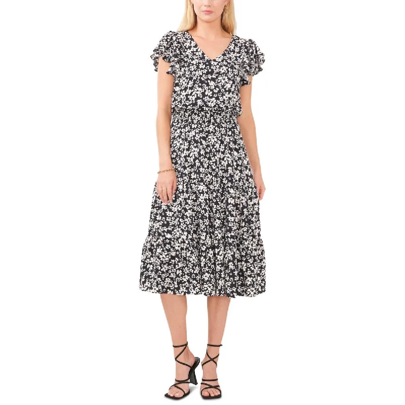 Vince Camuto Womens Smocked Midi Fit & Flare Dress