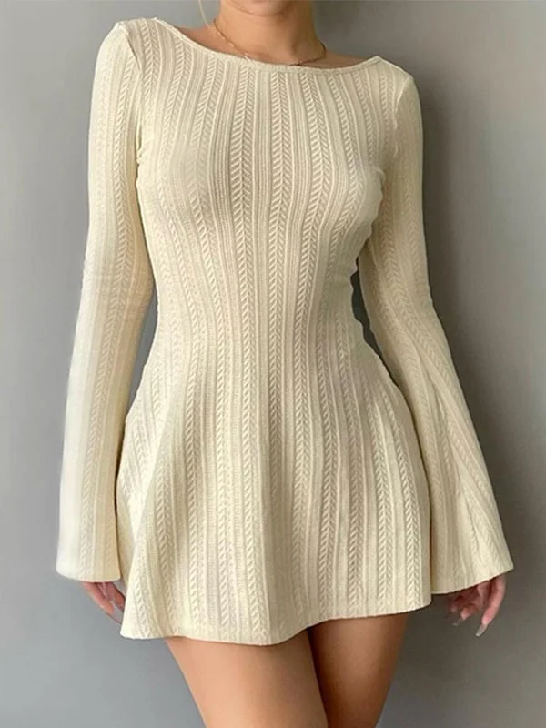 Super Deal Backless Knitted Long Sleeve Mini Dress