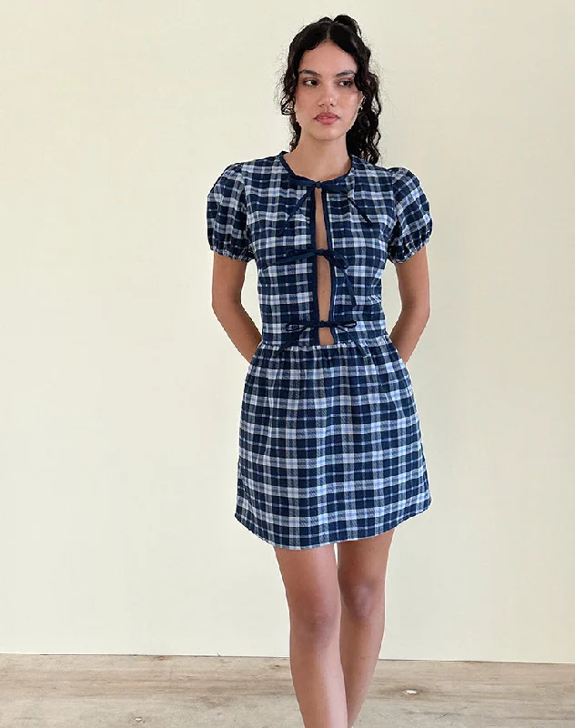 Shop & Save Instantly Byan Tie Front Dress in Tartan Dark Blue