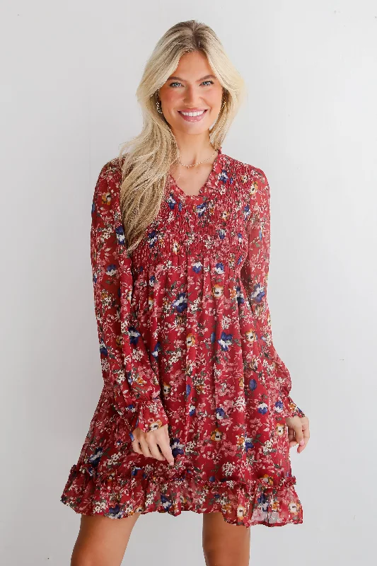 Limited-Time Bargains Darling Persuasion Burgundy Floral Mini Dress