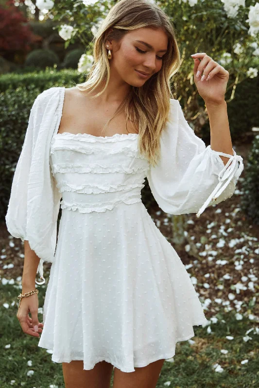 The Big Clearance Illia Three-Quarter Balloon Sleeve Frill Bodice Dress White