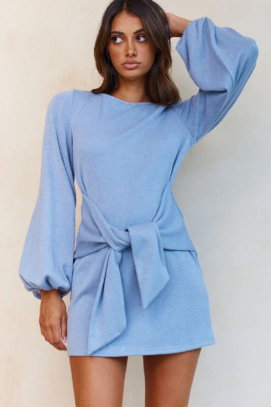Big Discount Event Rapt Waist Tie Balloon Sleeve Knit Dress Blue