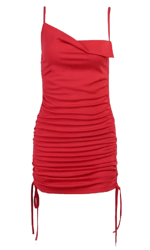 Hot Lips Sleeveless Spaghetti Strap Draped Neck Drawstring Ruched Bodycon Mini Dress