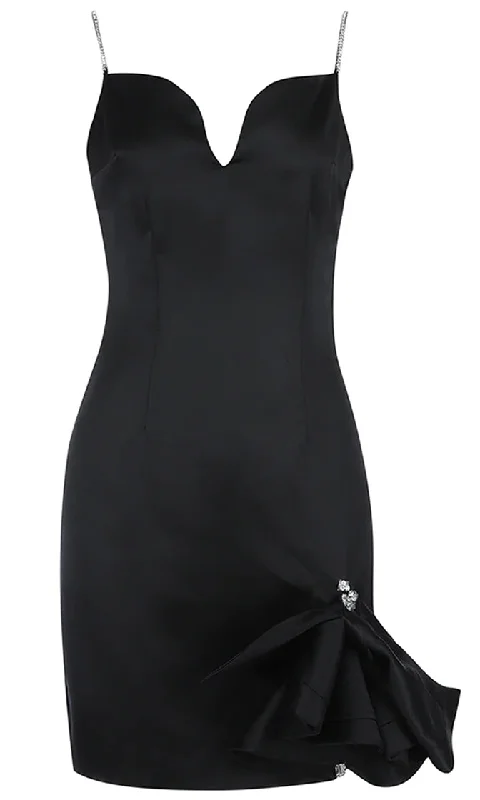 Just A Mystery Black Rhinestone Sleeveless Spaghetti Strap V Neck Bow Bodycon Mini Dress