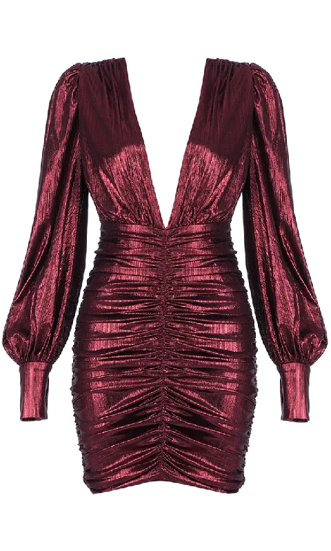 Let Your Hair Down Wine Red Metallic Long Lantern Sleeve Plunge V Neck Ruched Bodycon Mini Dress