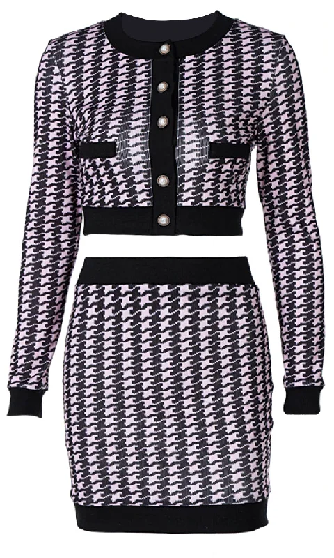 Pretty In Paris Pink Black Houndstooth Geometric Pattern Long Sleeve Round Neck Button Crop Cardigan Bodycon Mini Two Piece Dress