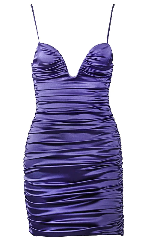 Silky Mystery Satin Sleeveless Spaghetti Strap V Neck Ruched Bodycon Mini Dress