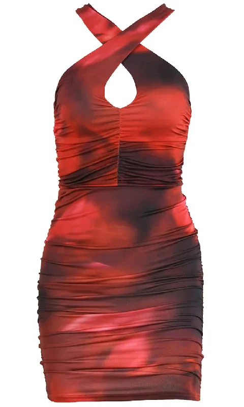 Twist The Truth Tie Dye Pattern Sleeveless Crisscross Strap Cut Out Backless Ruched Bodycon Mini Dress