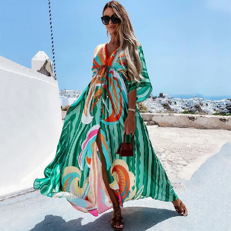 Crazy Price Cuts Abstract Print Belted Button Down V Neck Maxi Dress - Green