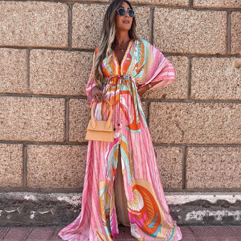 Only for You Abstract Print Belted Button Down V Neck Maxi Dress - Pink