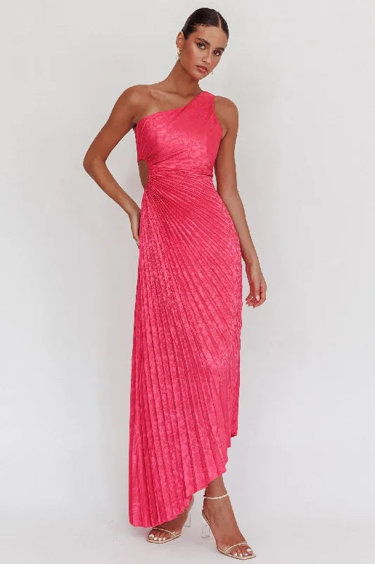 Weekend Best Buys Amelie One-Shoulder Accordion Pleat Maxi Dress Floral Fuchsia