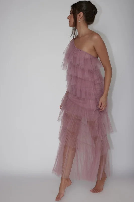 Weekend Discount Extravaganza Arrabel Tiered Ruffle Tulle Maxi Dress Plum