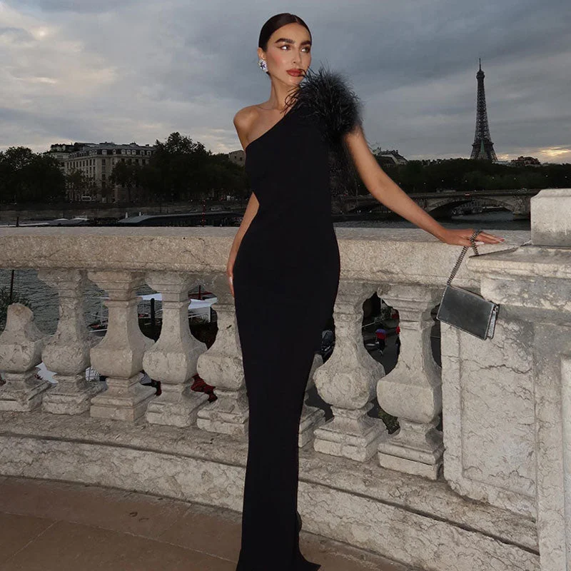 Unmissable Deals Asymmetrical Wispy Feathered One Shoulder Back Split Bandage Knit Maxi Evening Dress Unmissable Deals Asymmetrical Wispy Feathered One Shoulder Back Split Bandage Knit Maxi Evening Dress