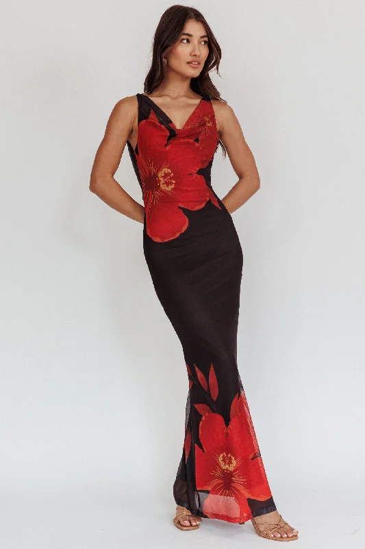 Weekend Only Sale Cassiopeia Open Back Maxi Dress Hibiscus Black