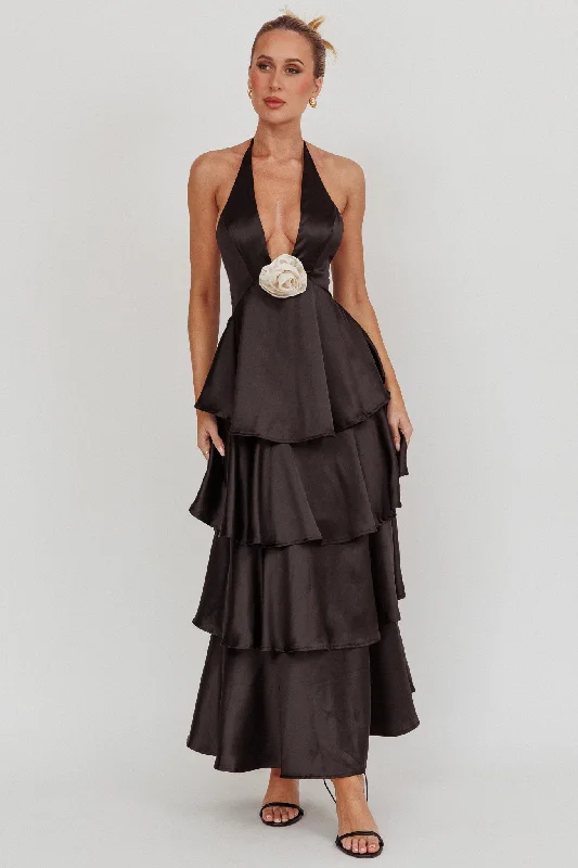 Weekend Bargain Shopping Catalina Tiered Ruffle Rosette Maxi Dress Black