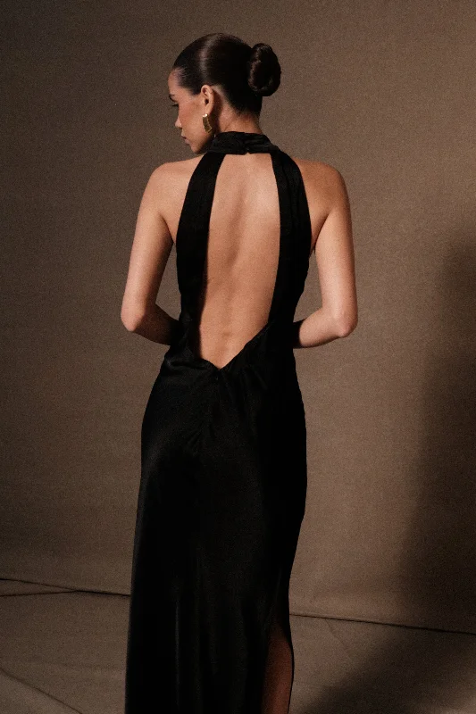 Weekend Flash Offers Claire Satin Drape Back Maxi Dress with Split - Black