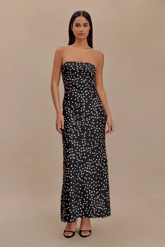 Massive Discounts Claudette Strapless Satin Maxi Dress - Black Polka Dot Print
