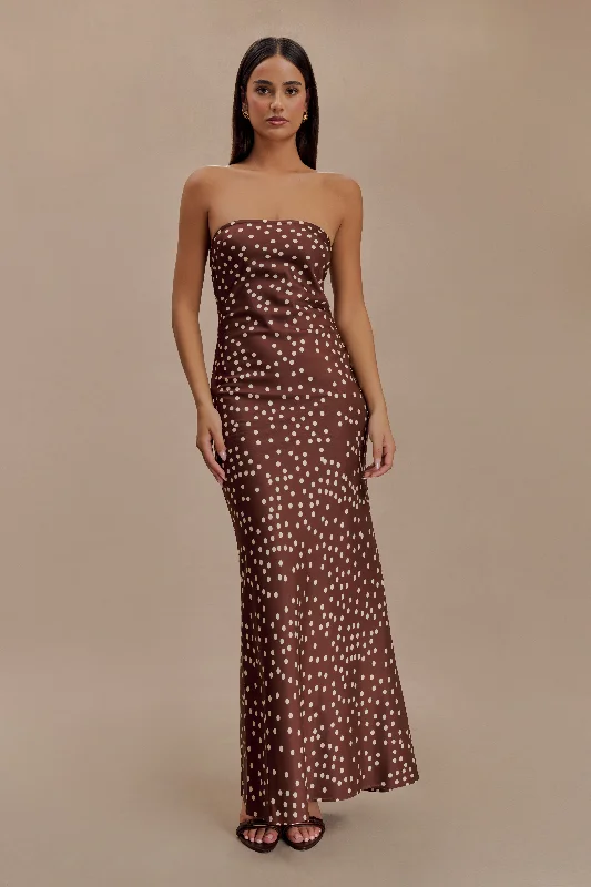 Limited-Time Discount Claudette Strapless Satin Maxi Dress - Brown Polka Dot Print