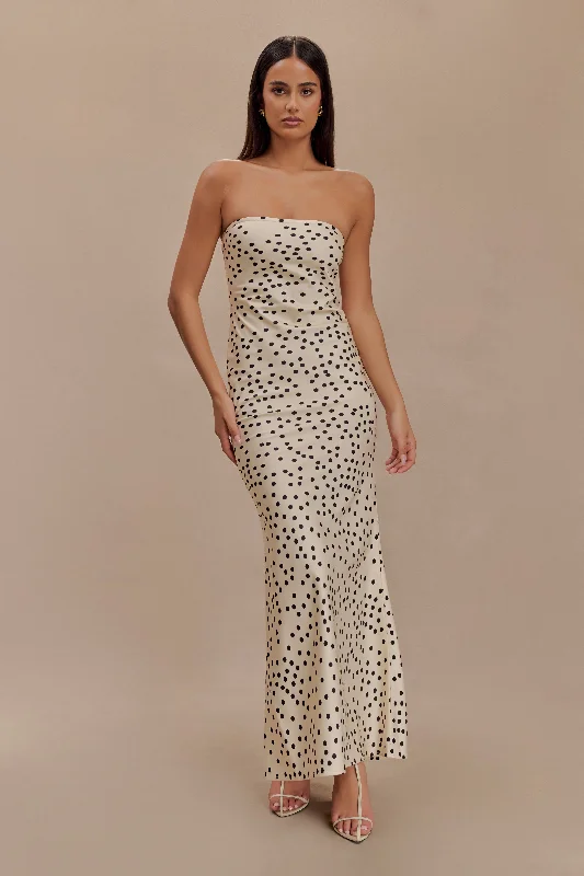 Weekend Closeout Deals Claudette Strapless Satin Maxi Dress - Polka Dot Print