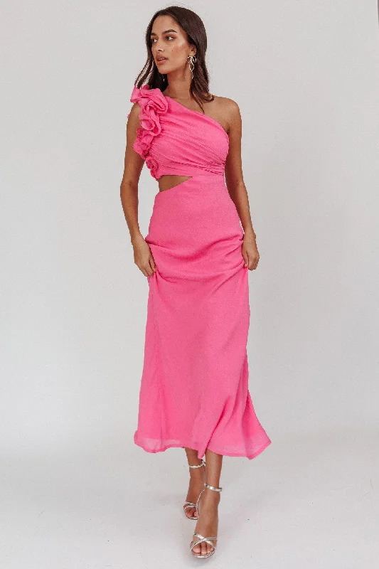Weekend Sale Day Deanna One-Shoulder Ruffle Maxi Dress Hot Pink