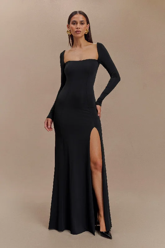 Price Slash Desirie Slinky Long Sleeve Maxi Dress With Split - Black