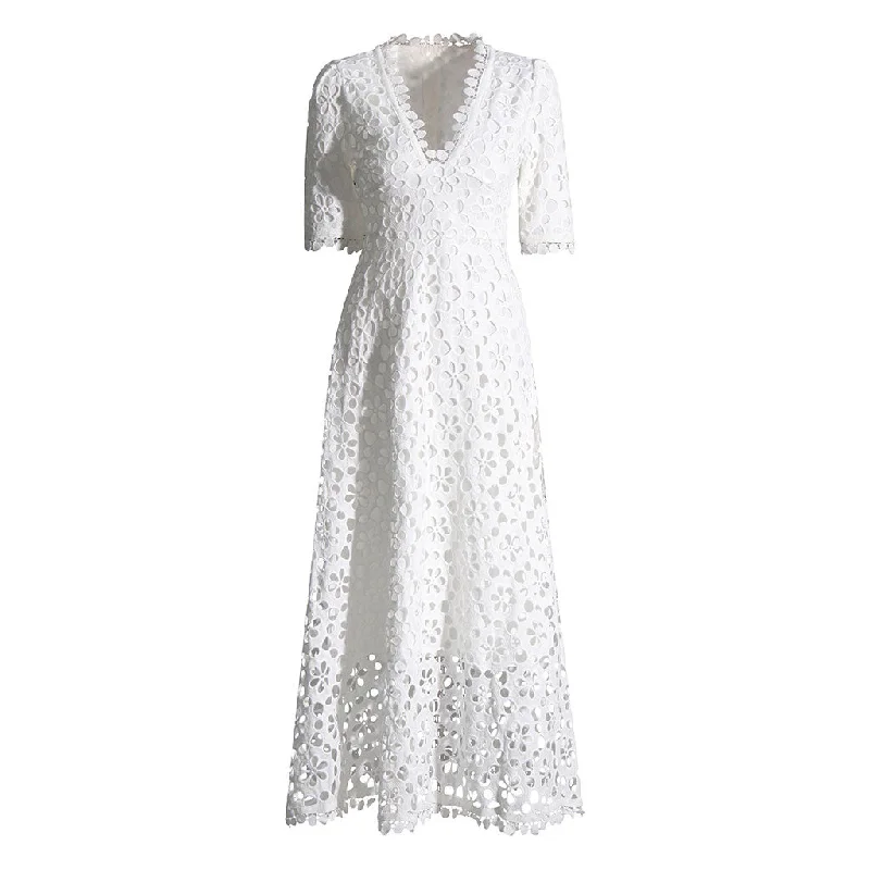 Weekend Best Deals Feminine Lace Trim V Neck Half Sleeve Broderie Anglaise Fit and Flare Maxi Dress